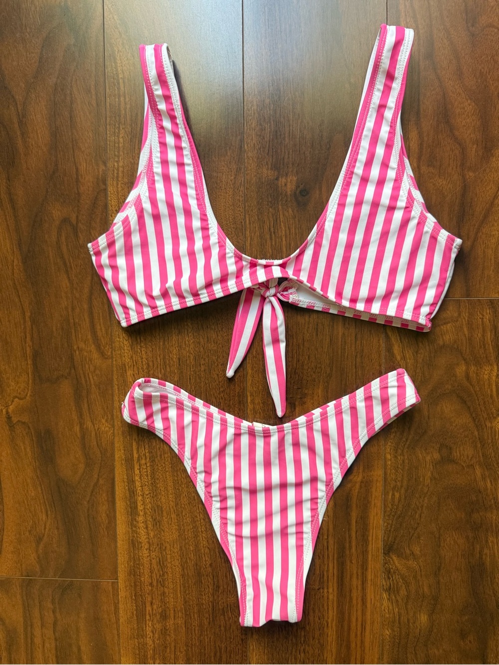Pink and White Striped Bikini Set with Tie Front Top and Cheeky Bottoms / Small - Picture 2 of 5